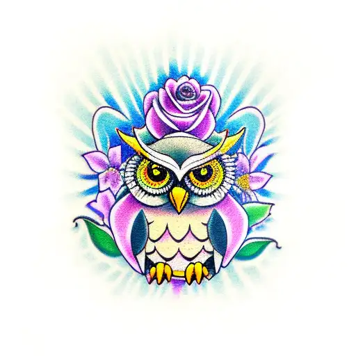 Owl Holding A Lilac Flower And Yellow Rose