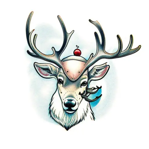 Arctic Reindeer With Robin Sitting On An Antler