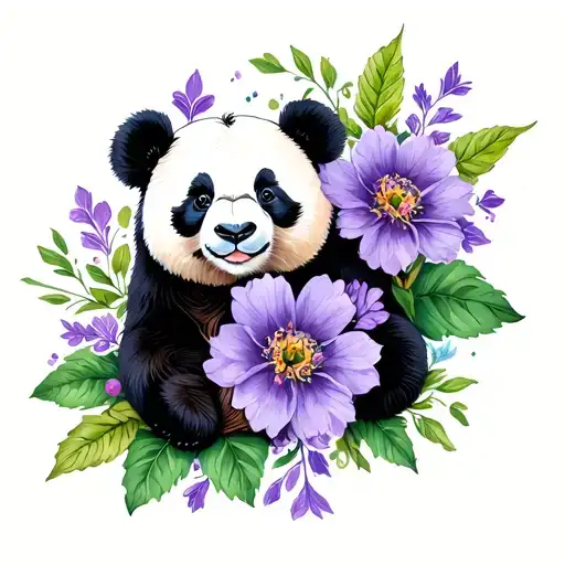 Panda And Violet Flowers