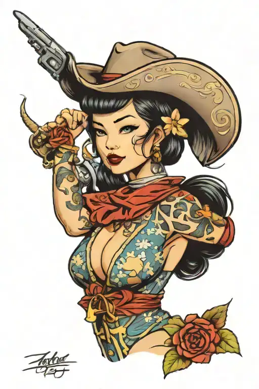 Fullbody Asian Pinup Girl Dressed Like A Cowboy