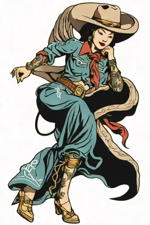 Fullbody Asian Pinup Girl Dressed Like A Cowboy