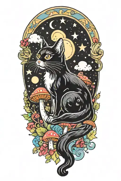 Black Cat With Colorful Mushrooms And Crescent Moon And Clouds And Stars Melting