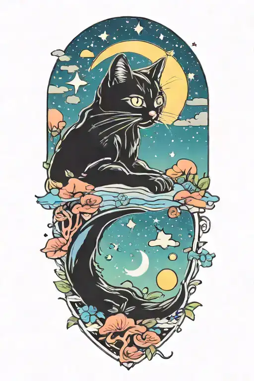 Black Cat With Colorful Mushrooms And Crescent Moon And Clouds And Stars Melting