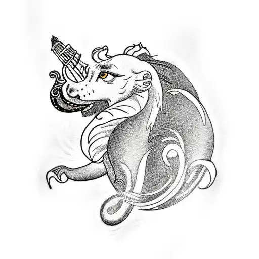 A Whimsical Tattoo Of Falkor From Never Ending Story Riding A Horse Through A Musical Forest