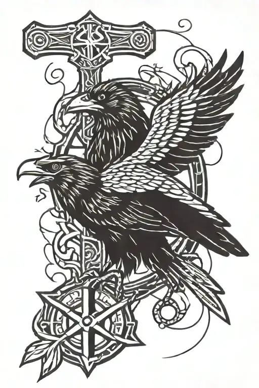 Vegvisir Against The Background Of A Crow With Mjolnir And Lightning