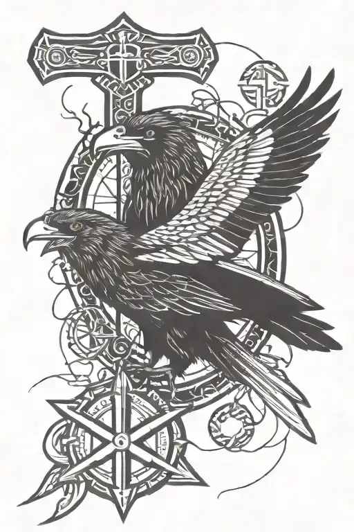 Vegvisir Against The Background Of A Crow With Mjolnir And Lightning