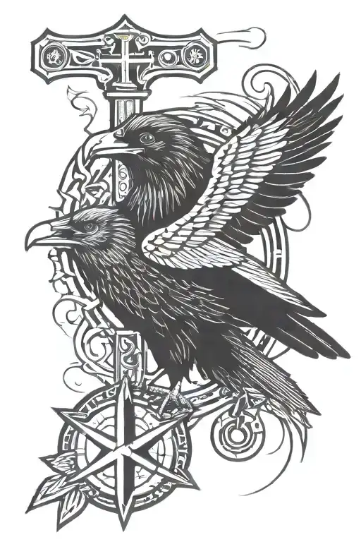 Vegvisir Of A Crow With Mjolnir And Lightning