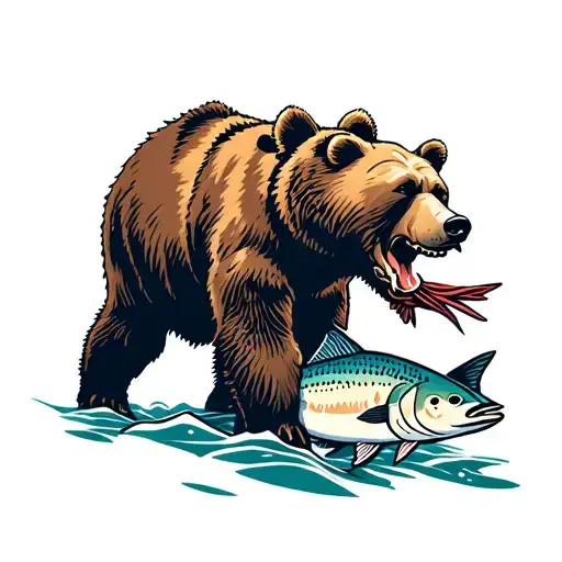 Calm Bear Walking With Salmon In Mouth In The Style Of American Traditional