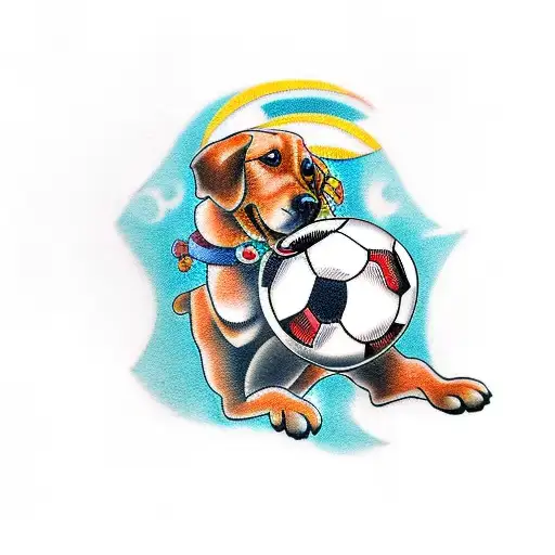 A Traditional Style Tattoo Of A Dog Playing With A Soccer Ball