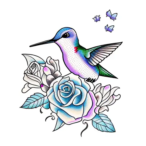 Hummingbird With Lilac Flowers And Roses And A Squirrel And Sun