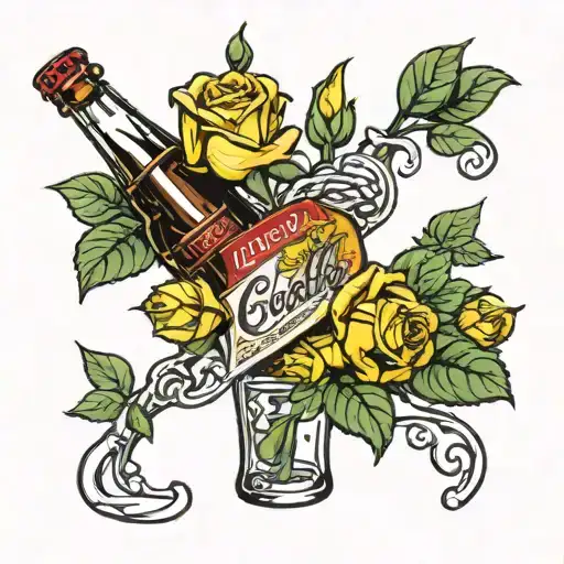 Vintage Coca-cola Red Label Glass Bottle Floating And Single Stem Yellow Rose Intertwined