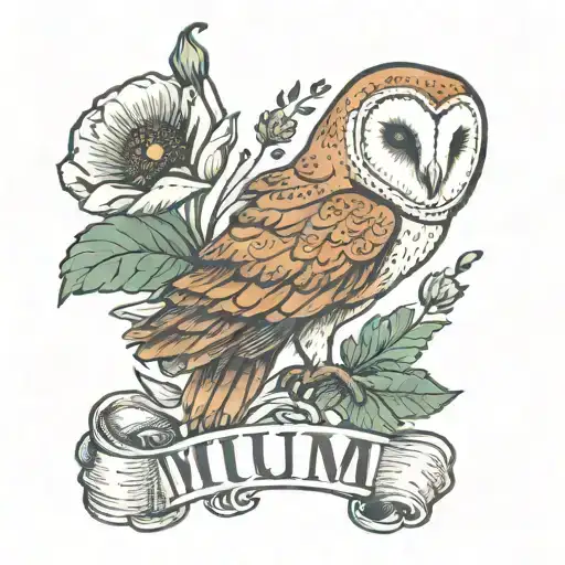 Barn Owl And A Poppy Flower And The Word Mum Written