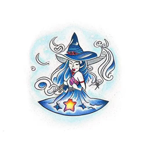 A Traditional Style Tattoo Of A Witch Casting Spells Under A Starry Sky At Vale Do Amanhecer