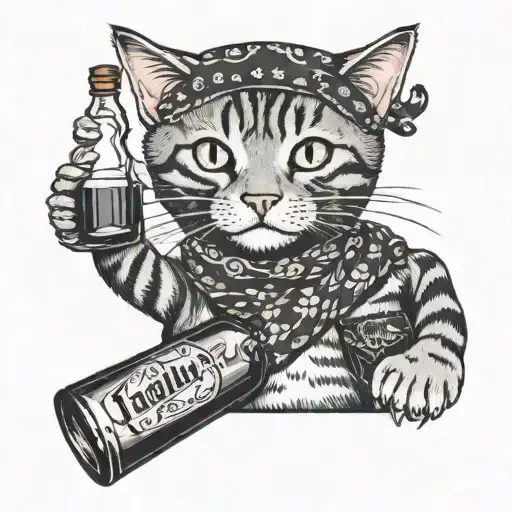 Tabby Cat Holding A Whiskey Bottle Wearing A Bandana