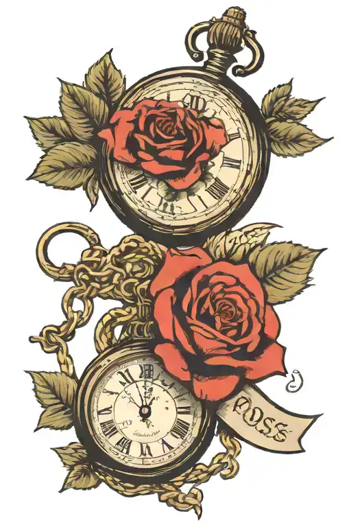 Roses Pocket Watch And Banner With Date In Roman Numbers