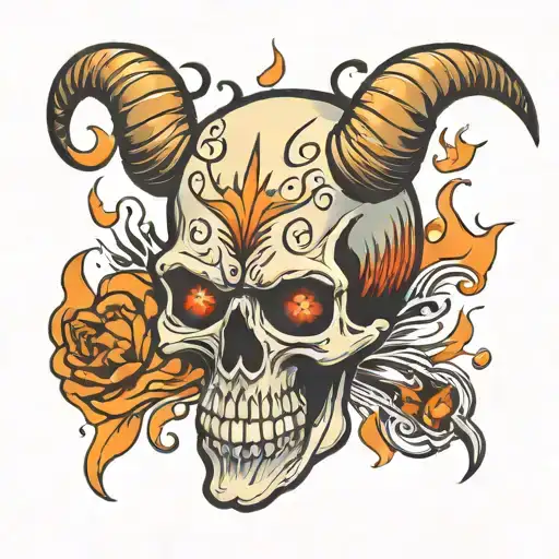 Flaming Skull With Long Horns