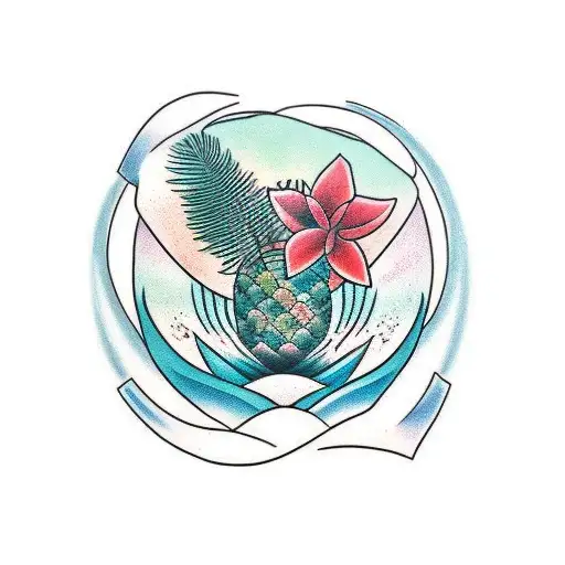 A Minimalist Tattoo Of A Tropical Plant Surrounded By Waves