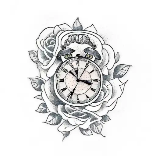A Traditional-style Tattoo Of A Clock And Guitar Intertwined With Floral Elements