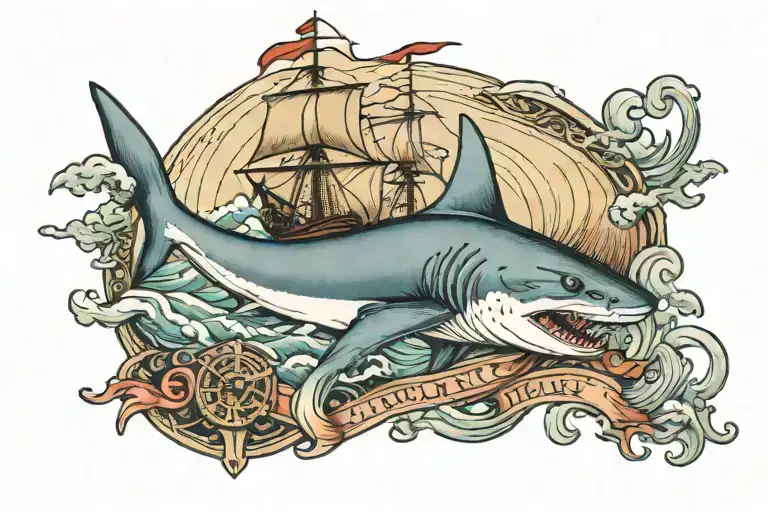 Shark And Ship Sailing Through Stormy