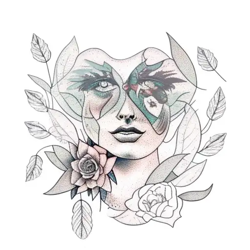 Abstract Mother Nature With Her Face And Body Made Out Of Leaves And Flowers