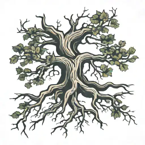 Big Old Tree Roots Exposed And Long Branches With Some Leaves