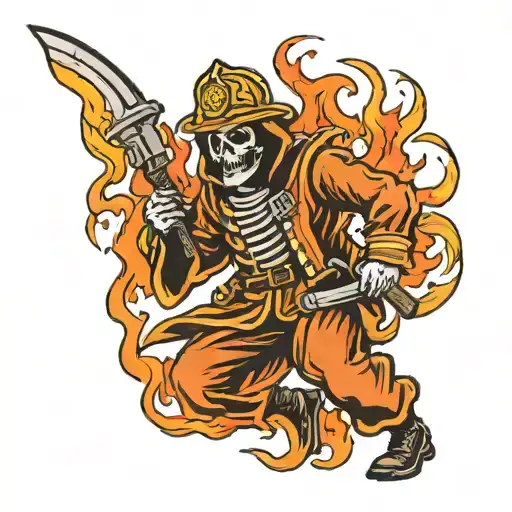 Grim Reaper Dressed As Firefighter Battling Flames