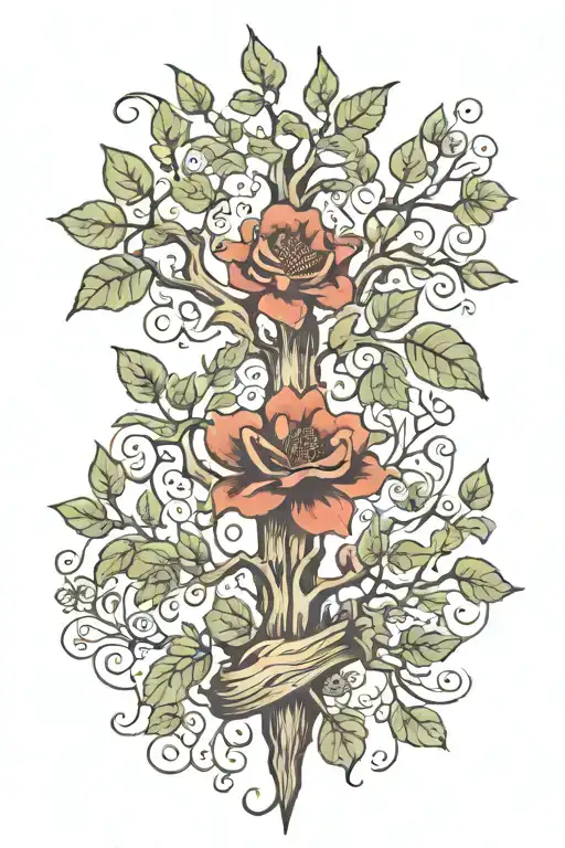 Neck Tattoo With Tree Stick And Leaves Growing And Flowers At The Bottom