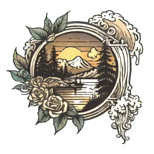 Half Sleeve Tattoo With Mountains Trees Sun Set Waterfall And Lake All Dark Colors