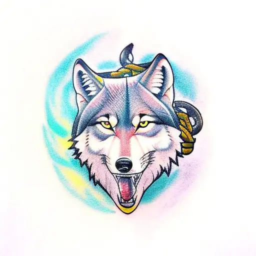 A Traditional Tattoo Of A Wolf And A Rock Car Intertwined