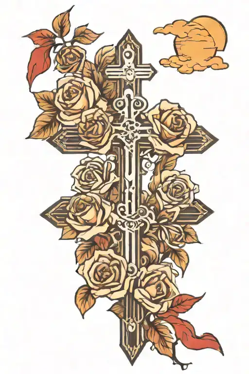 Cross With Moutains And A Rising Sun And Clouds With Roses Wrapped Around The Cross
