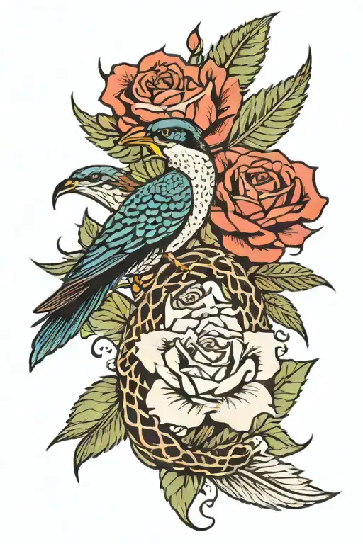 Viper And Swallow Bird Near Cactus Leaf And Roses