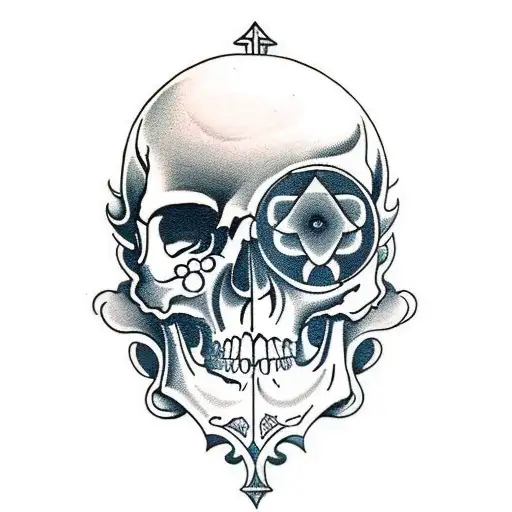 A Traditional Tattoo Of A Skull With Medical Symbols Incorporated Into The Design