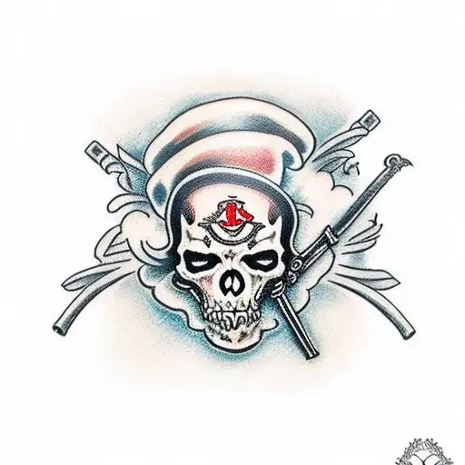 An Intricate Traditional-style Tattoo Featuring A Caveira Surrounded By Smoke And Holding A Sword