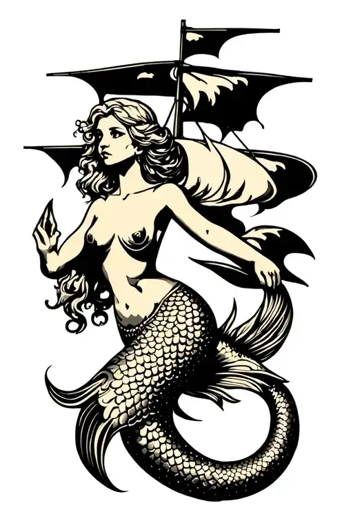 Pitate Ship Mermaid Full Sleeve Tattoo Design