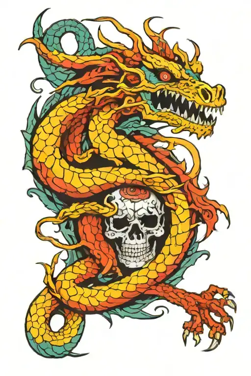 Dragon Skeleton Interrwined With Colorful Snake Intertwined