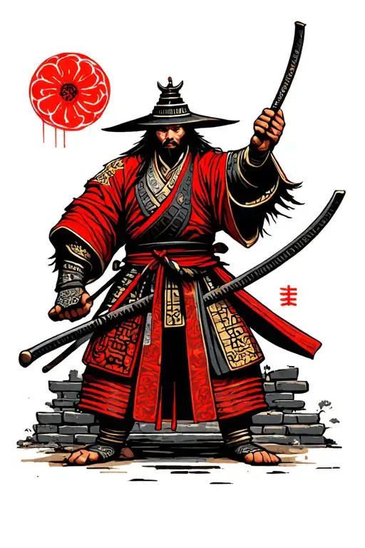 Japanese Samurai And Temple Ruins