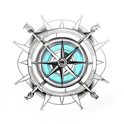 Pirates Ship Wheel Half Broken With Compass On It And Paml Trees