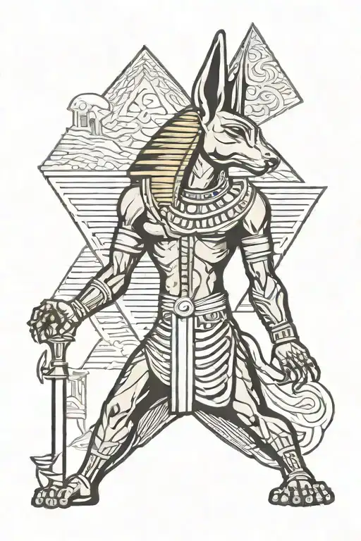 Anubis Egyptian God Standing Tall Amidst Pyramids