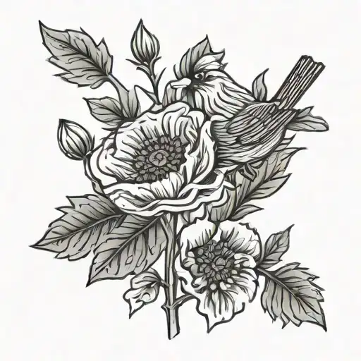 Poppy Flower And Cardinal