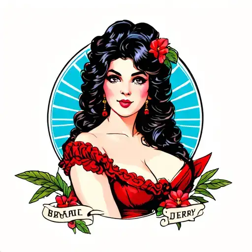 Sailor Jerry Inspired Tattoo Featuring Woman Dark Hair Red Dress