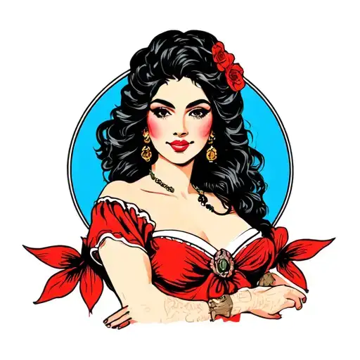 Sailor Jerry Inspired Tattoo Featuring Woman Dark Hair Red Dress Malian Streak Hair