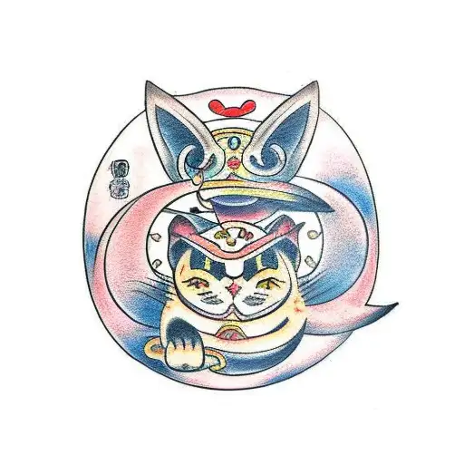 A Traditional Japanese-style Tattoo Of A Samurai Cat With A Crescent Moon