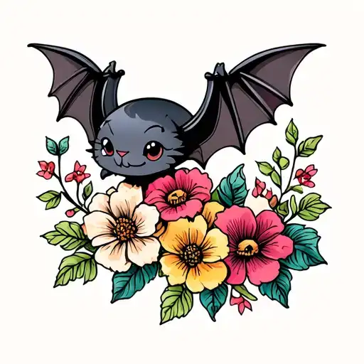 Cute Traditional Bat With Flowers Intertwined