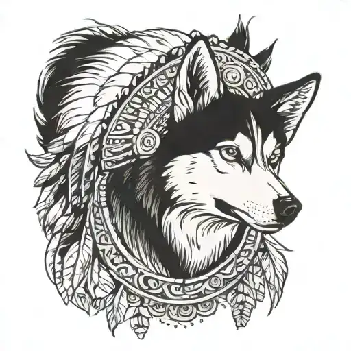 A Tattoo Of A Siberian Husky Wearing A Traditional Headdress From A Specific Culture