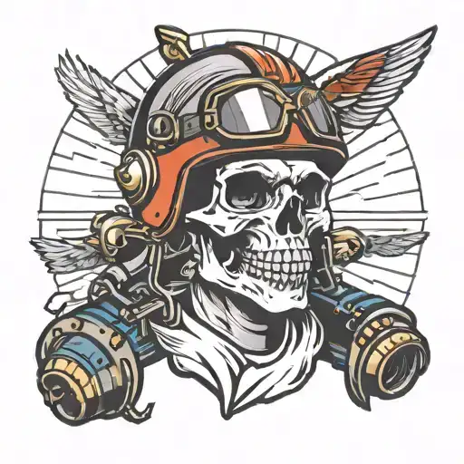 American Traditional Skull Wearing Pilot Helmet
