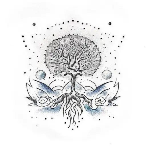 A Dotwork Tattoo Of A Cosmic Tree Merging Spirituality And The Universe