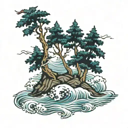 Trees On A Rock Over The Ocean Waves