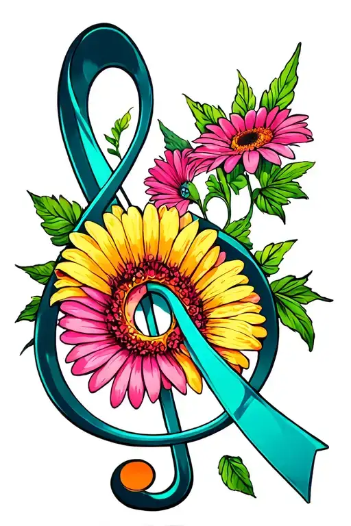 Multi-colored G Clef With Gerbera Daisy Wrapped Around It And A Hidden Teal Cancer Ribbon