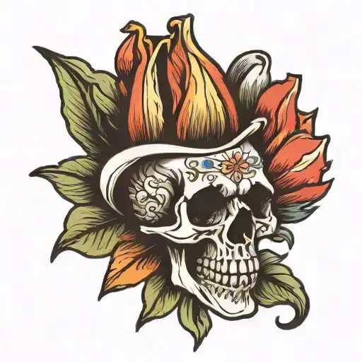 One Skull With Tulip Flower Growing