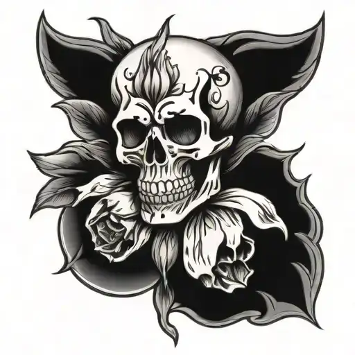 One Skull With Tulip And Rose Flower